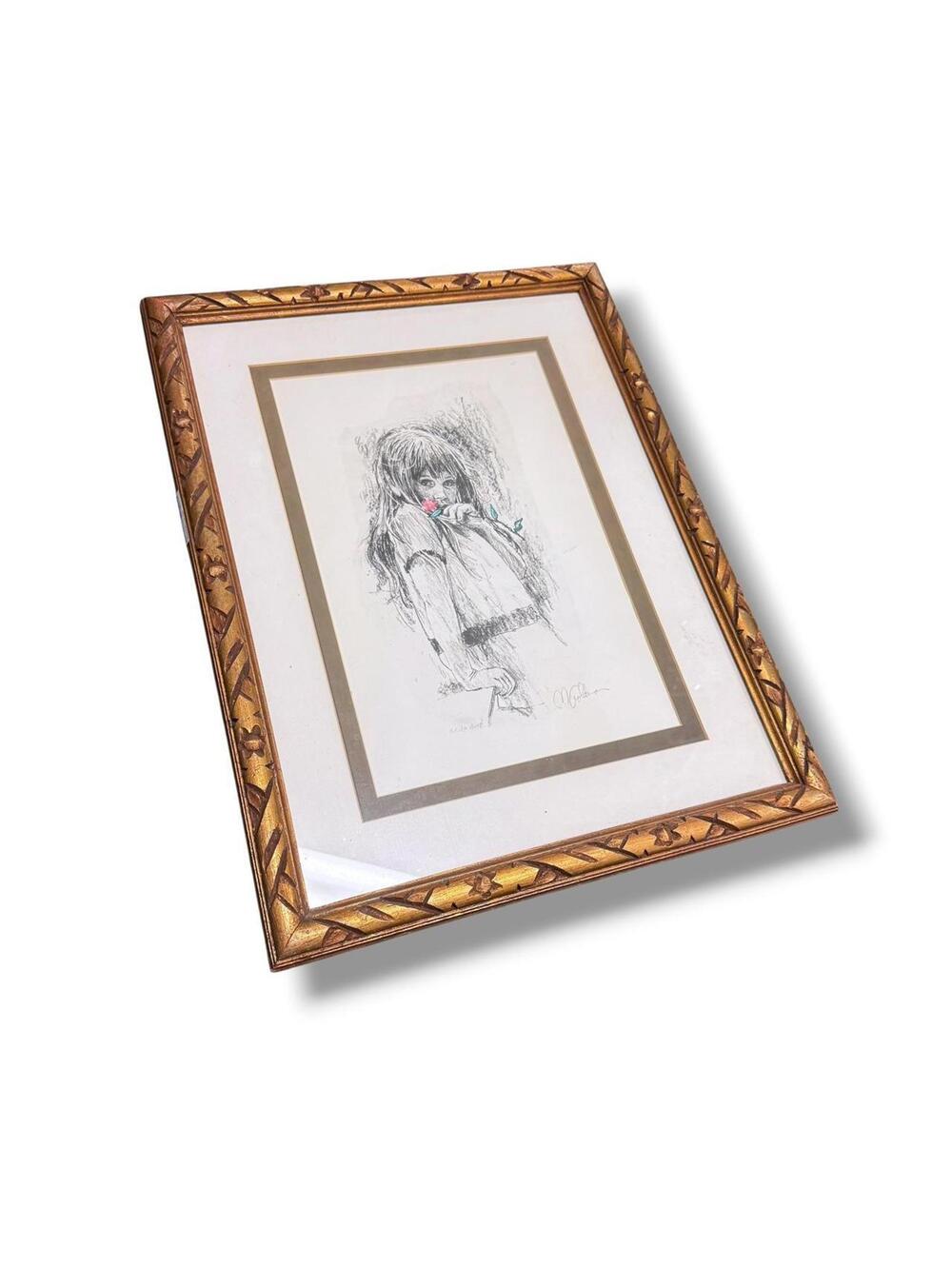 Vintage Milton Goldman Signed Framed Girl with Rose Artwork